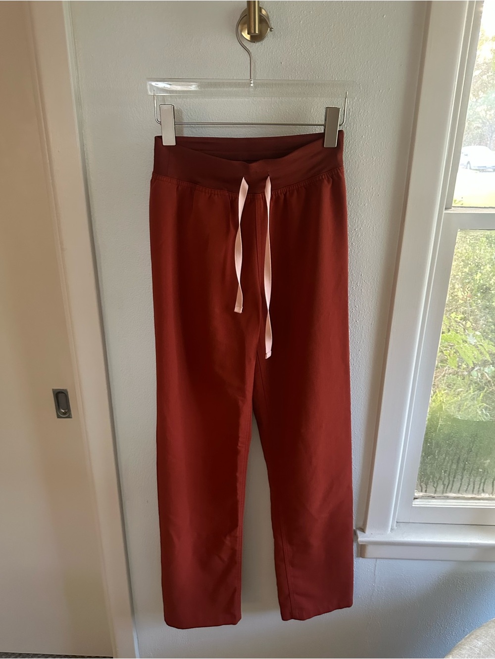 Figs Brick Red Straight-Leg Pants with White Drawstring